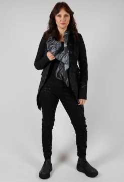 Straight Leg Stretch Denim Trousers in Black with Latex Detail Finish