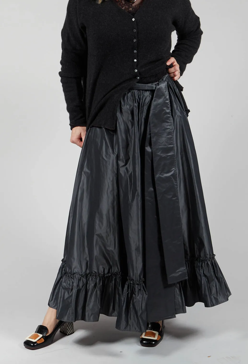 Taffeta Frill Hem Skirt in Obsidian Grey