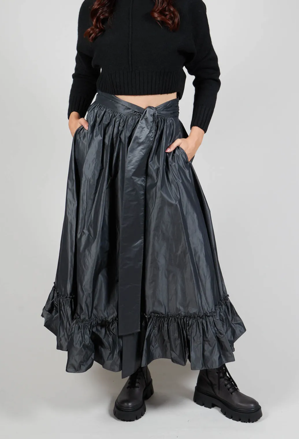 Taffeta Frill Hem Skirt in Obsidian Grey