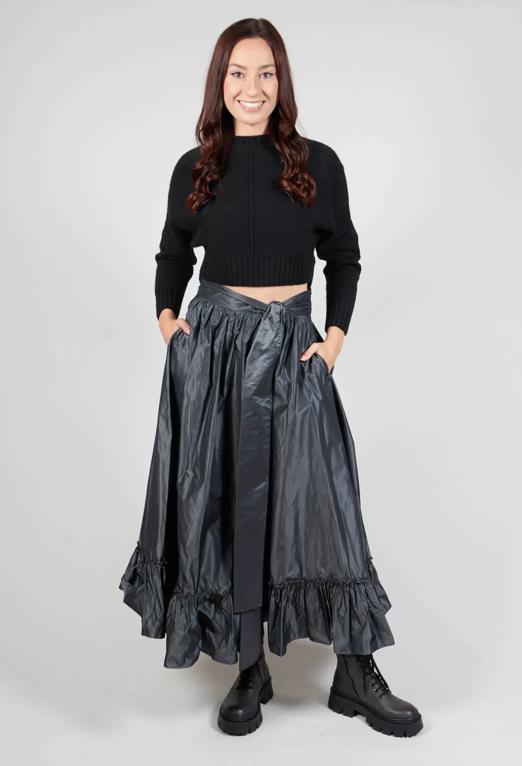 Taffeta Frill Hem Skirt in Obsidian Grey