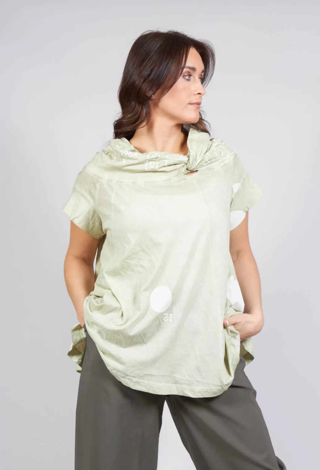 T-Shirt with Twist Detail Neckline in Pearl Dot