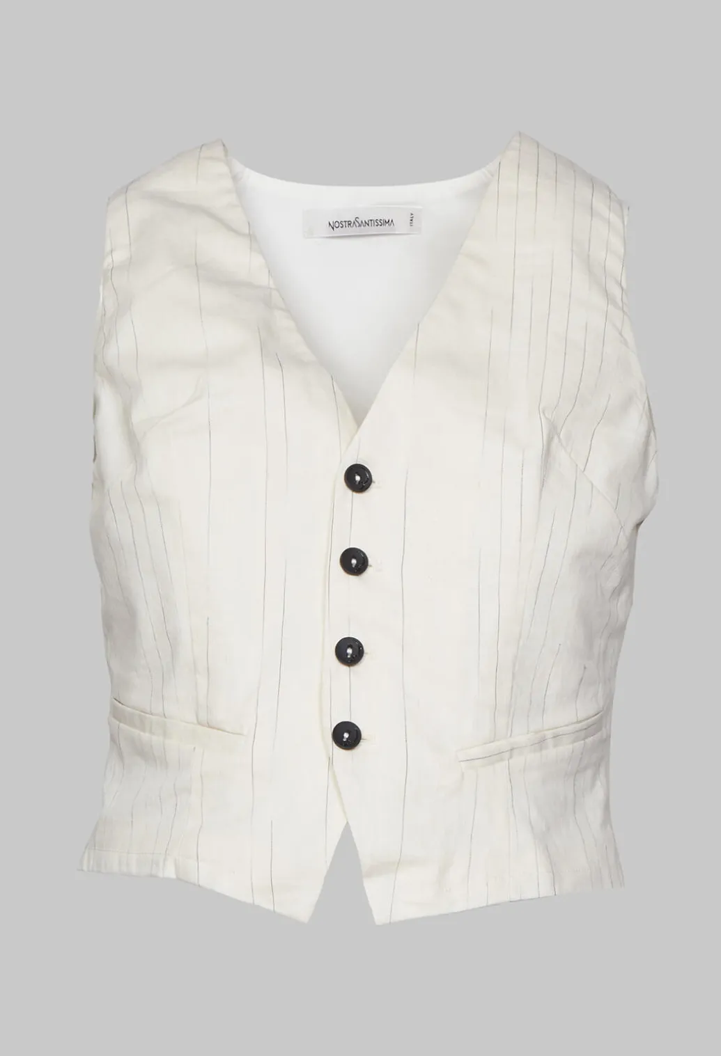 Waistcoat with Faux Front Pockets in White with Black Stripes