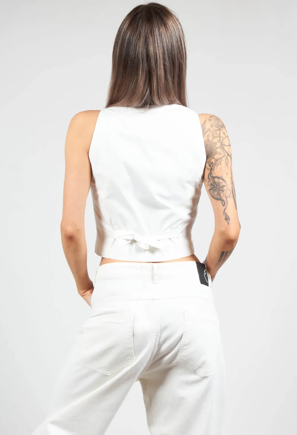 Waistcoat with Faux Front Pockets in White with Black Stripes