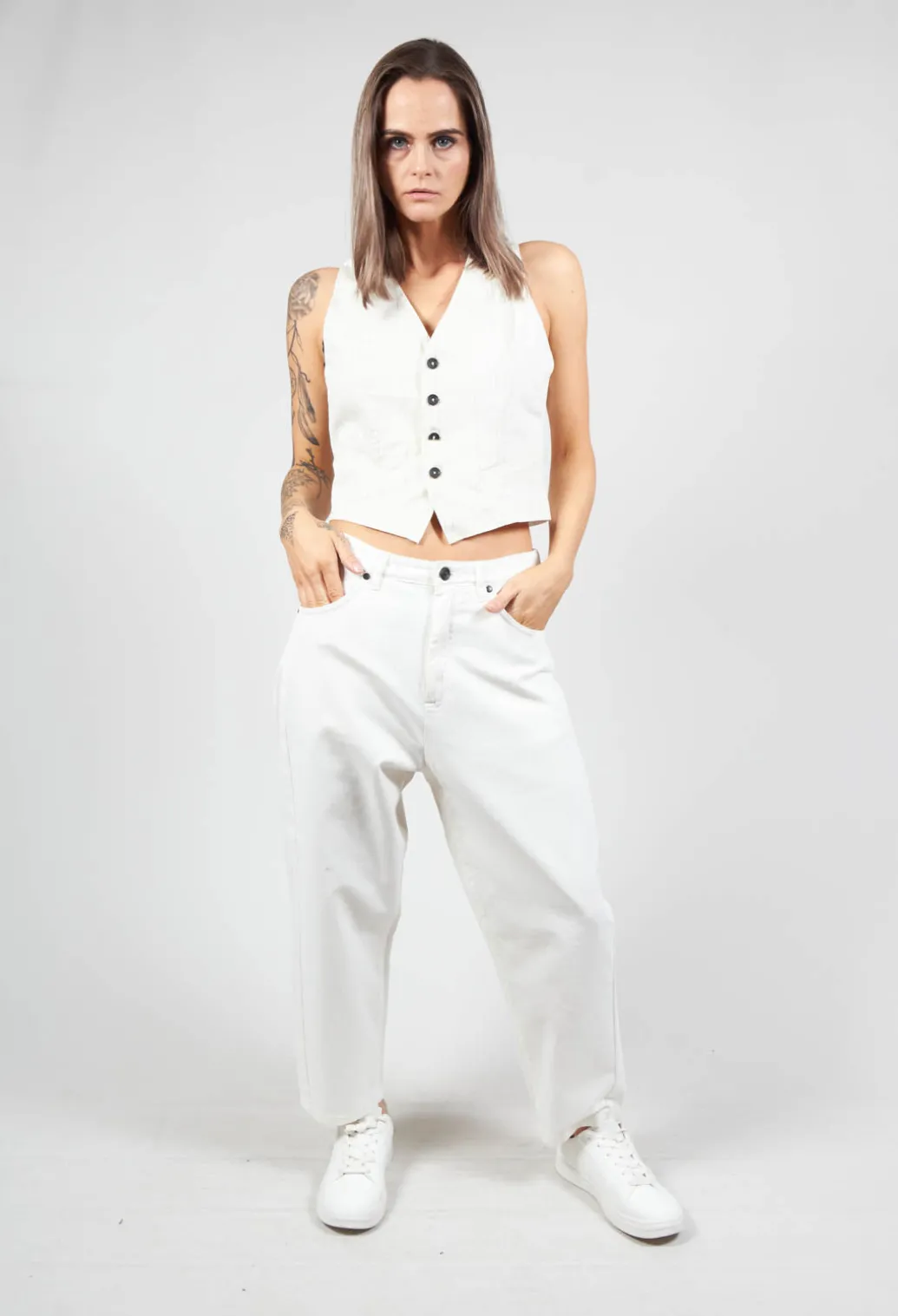 Waistcoat with Faux Front Pockets in White with Black Stripes