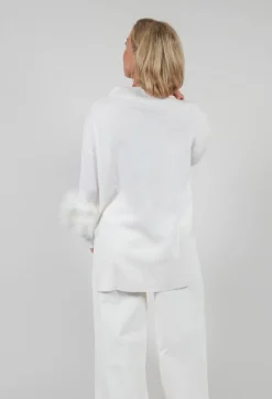 Wool Jumper with Sheepskin trim Sleeves in Pearl