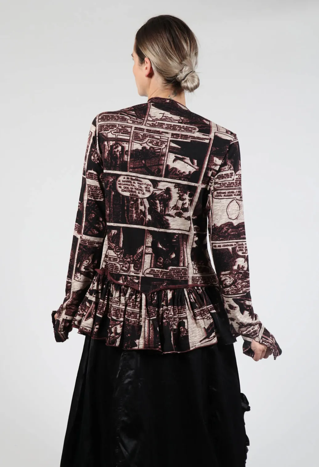 Zip Up Jacket with Ruffle Peplum Hem in Wood Print