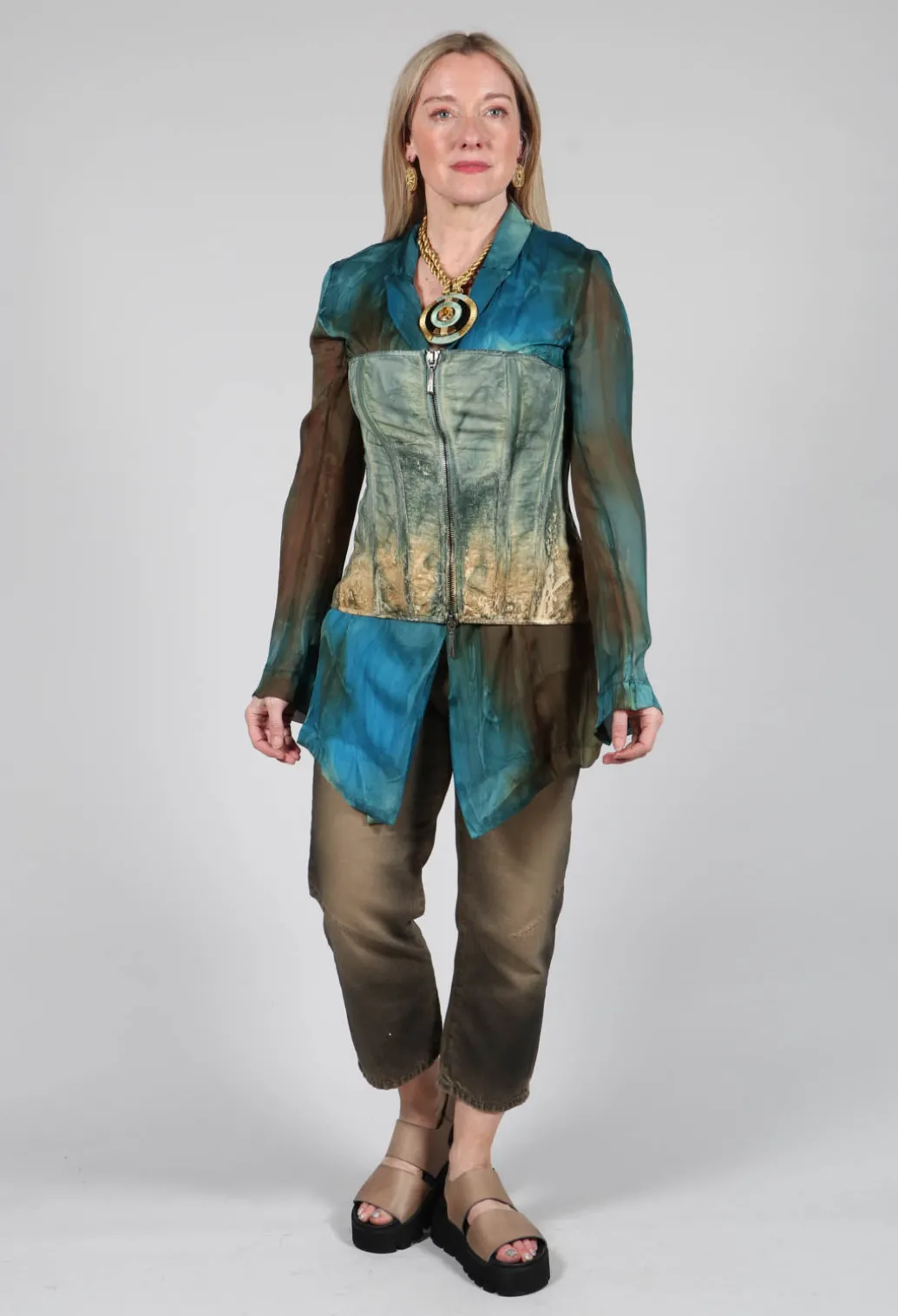 Zipper Fastening Corset Top in Petrol and Tea