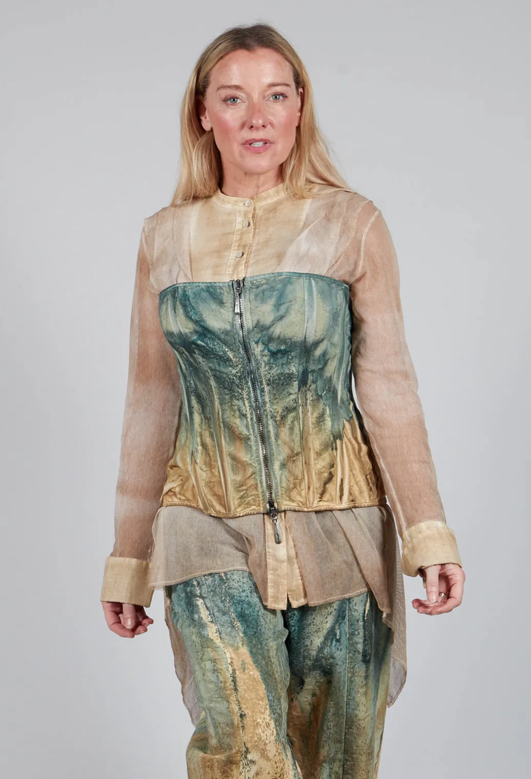 Zipper Fastening Corset Top in Petrol and Tea