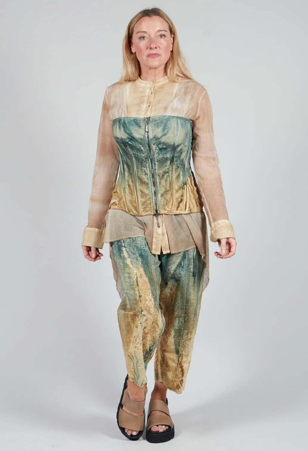 Zipper Fastening Corset Top in Petrol and Tea